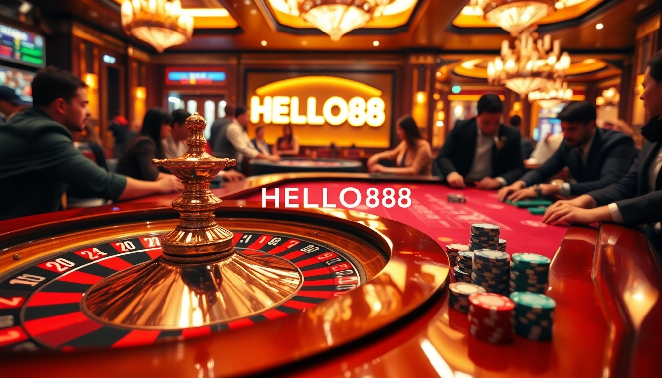 HELLO88 casino excitement as players gamble on roulette and poker tables, engaging in high-stakes thrills.