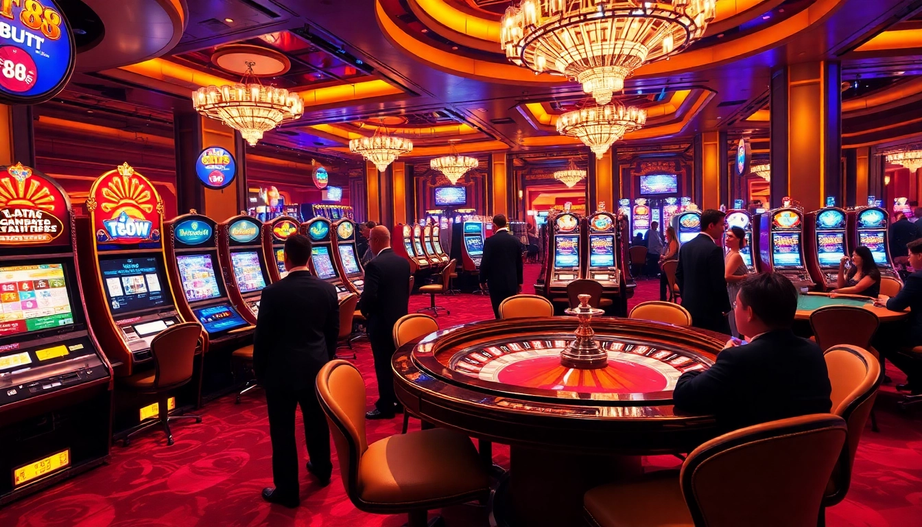 Experience the excitement of bet 88 at a busy casino, with players at poker tables and vibrant slot machines.