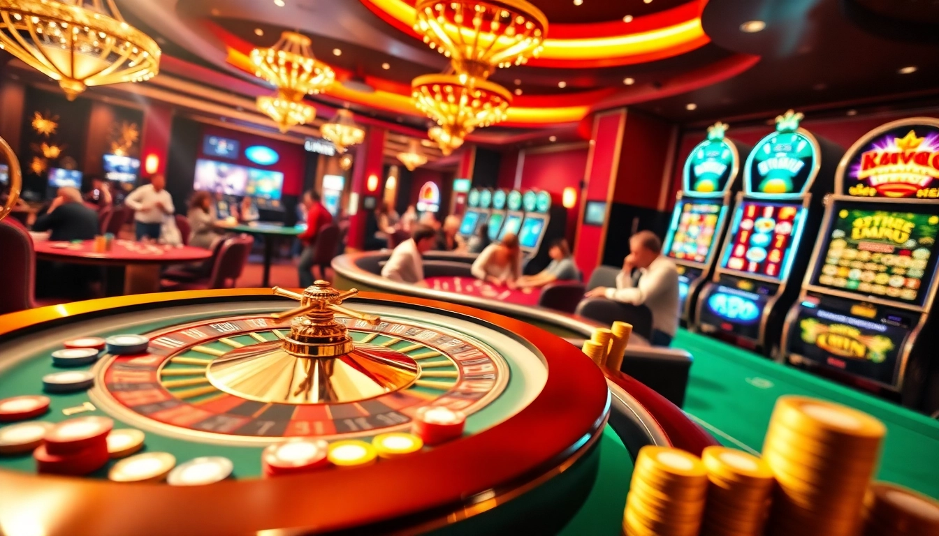 Experience the excitement of Trang Chủ GG88, featuring a vibrant casino scene with poker tables, roulette wheels, and winning moments.