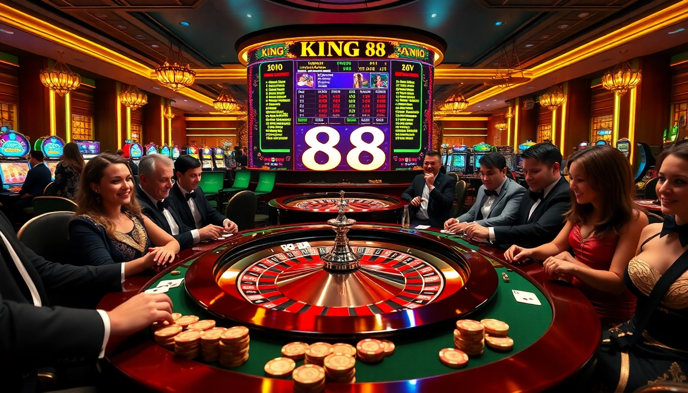 Exciting scene of players betting at a KING 88 casino table, surrounded by chips and cards.