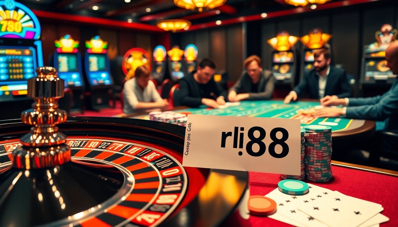 Experience the thrill at nhà cái rr88 with a lively roulette wheel and poker games highlighting the excitement of casino gambling.