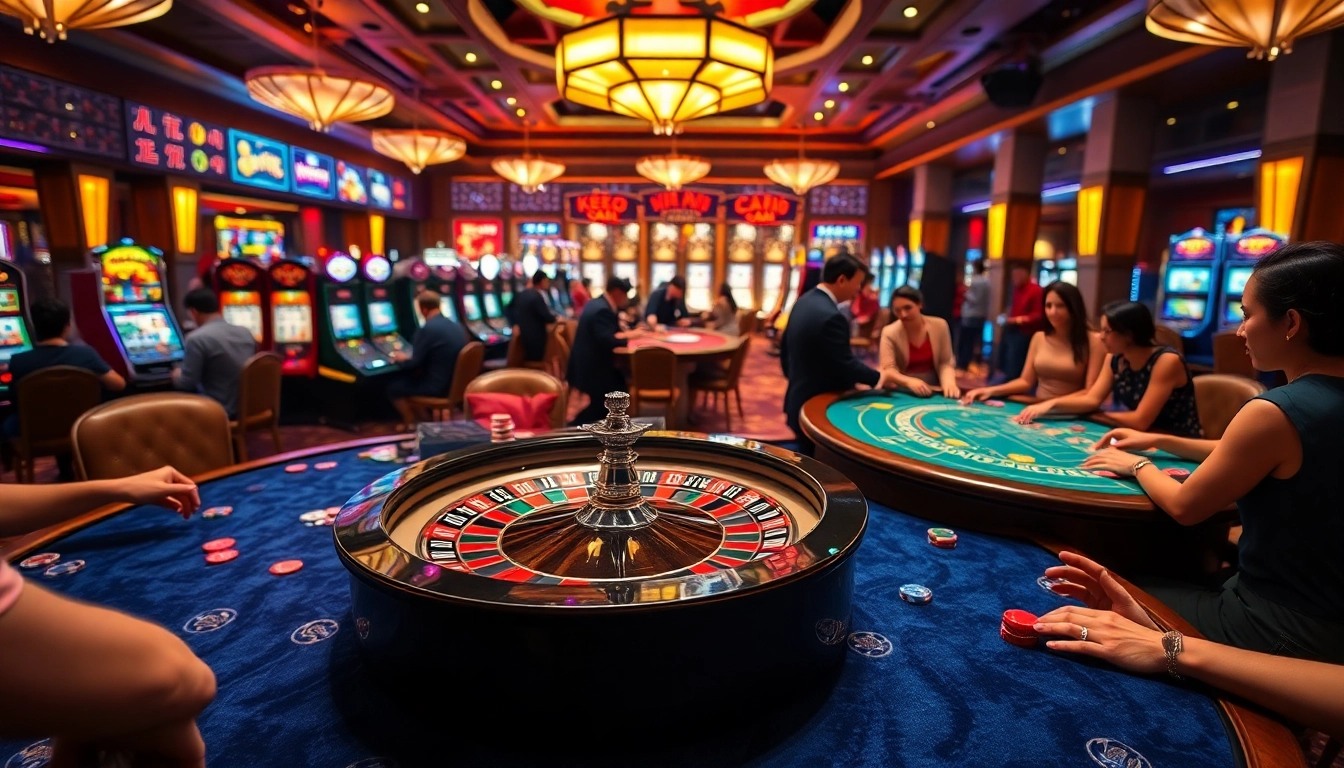 Kèo Nhà Cái 5 shines in a bustling casino, thrilling players engaged in vibrant roulette and blackjack games.
