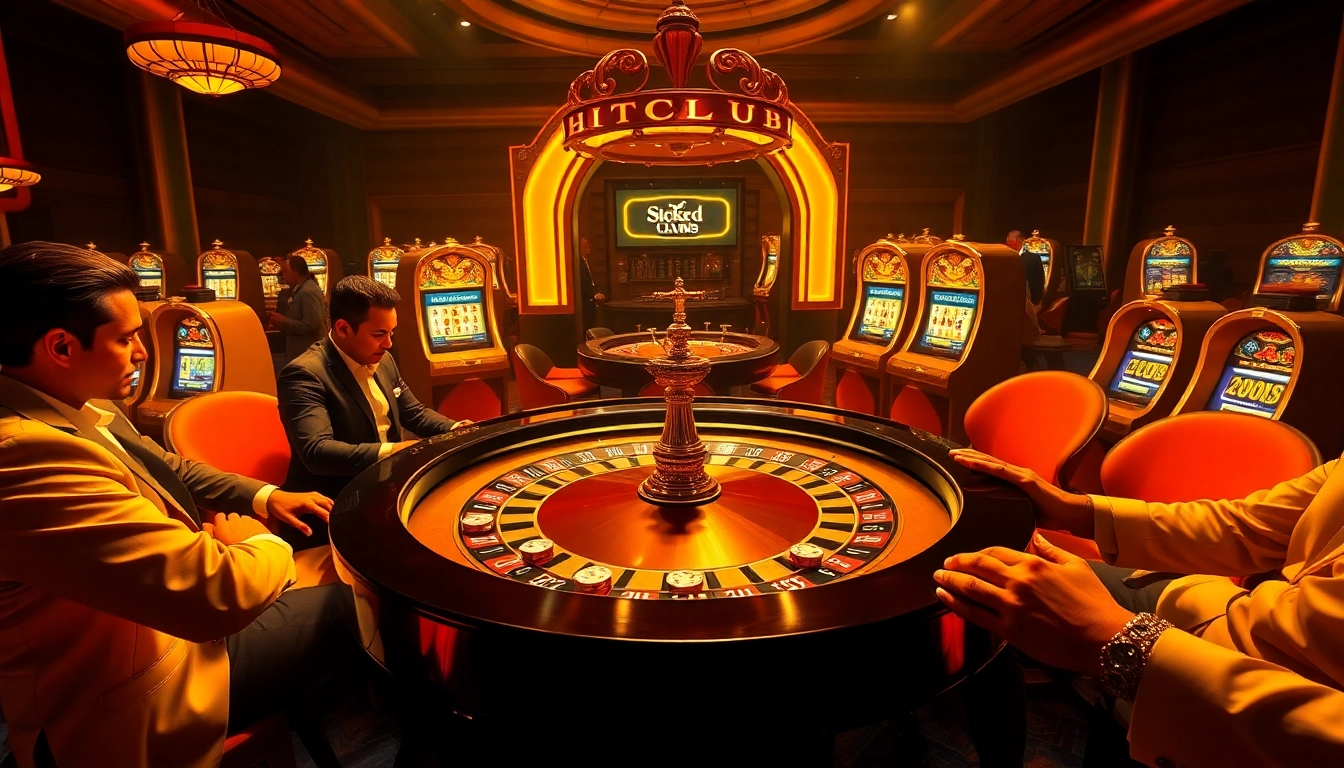 HITCLUB: Exciting roulette scene with vibrant poker tables and playing cards.